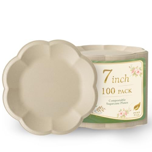 WELLIFE Dessert Plates 7 inch Paper Plates Disposable 100 Pack Scalloped Small Paper Plates Heavy Duty Compostable Bagasse Birthday Party Supplies Dinner Plates for Wedding Tea Party - Image 1