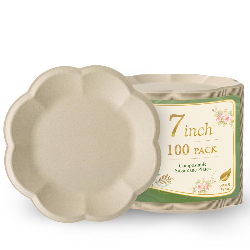 WELLIFE Dessert Plates 7 inch Paper Plates Disposable 100 Pack Scalloped Small Paper Plates Heavy Duty Compostable Bagasse Birthday Party Supplies Dinner Plates for Wedding Tea Party - Image 2