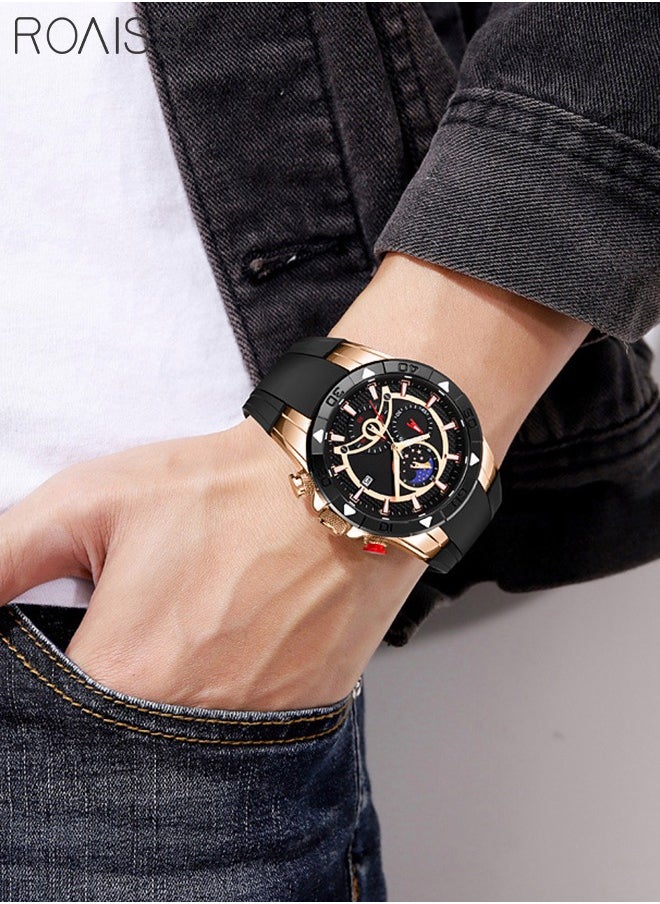 Men's Silicone Strap Quartz Watch, Analog Display Round Shape Dial Chronograph Watch with Moon Phase Function, Waterproof Casual Watch as Gift for Men