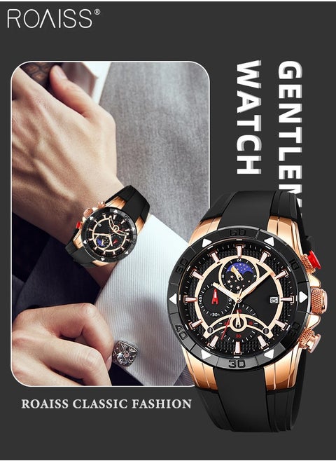 Men's Silicone Strap Quartz Watch, Analog Display Round Shape Dial Chronograph Watch with Moon Phase Function, Waterproof Casual Watch as Gift for Men