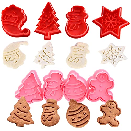 KAISHANE Christmas Themed MINI Cookie Cutter Embossing Mold Fondant Stamper Set  8Pcs Plastic spring die Biscuits Pastry Cutter Set 3D Cookie Cake Plunger Cutter Baking Mould