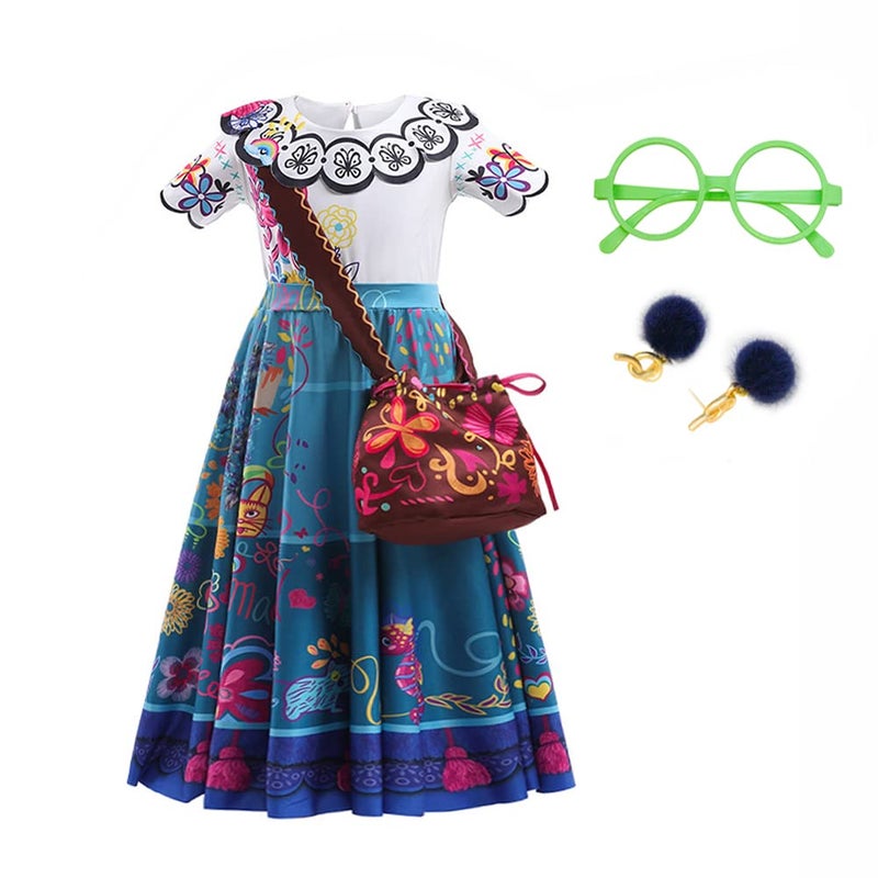 LZH Encanto Mirabel Costume Dress For Girls Cosplay Isabela Madrigal Princess Halloween Dress Up With Glasses Earrings, Blue, 3-4 years - Image 1