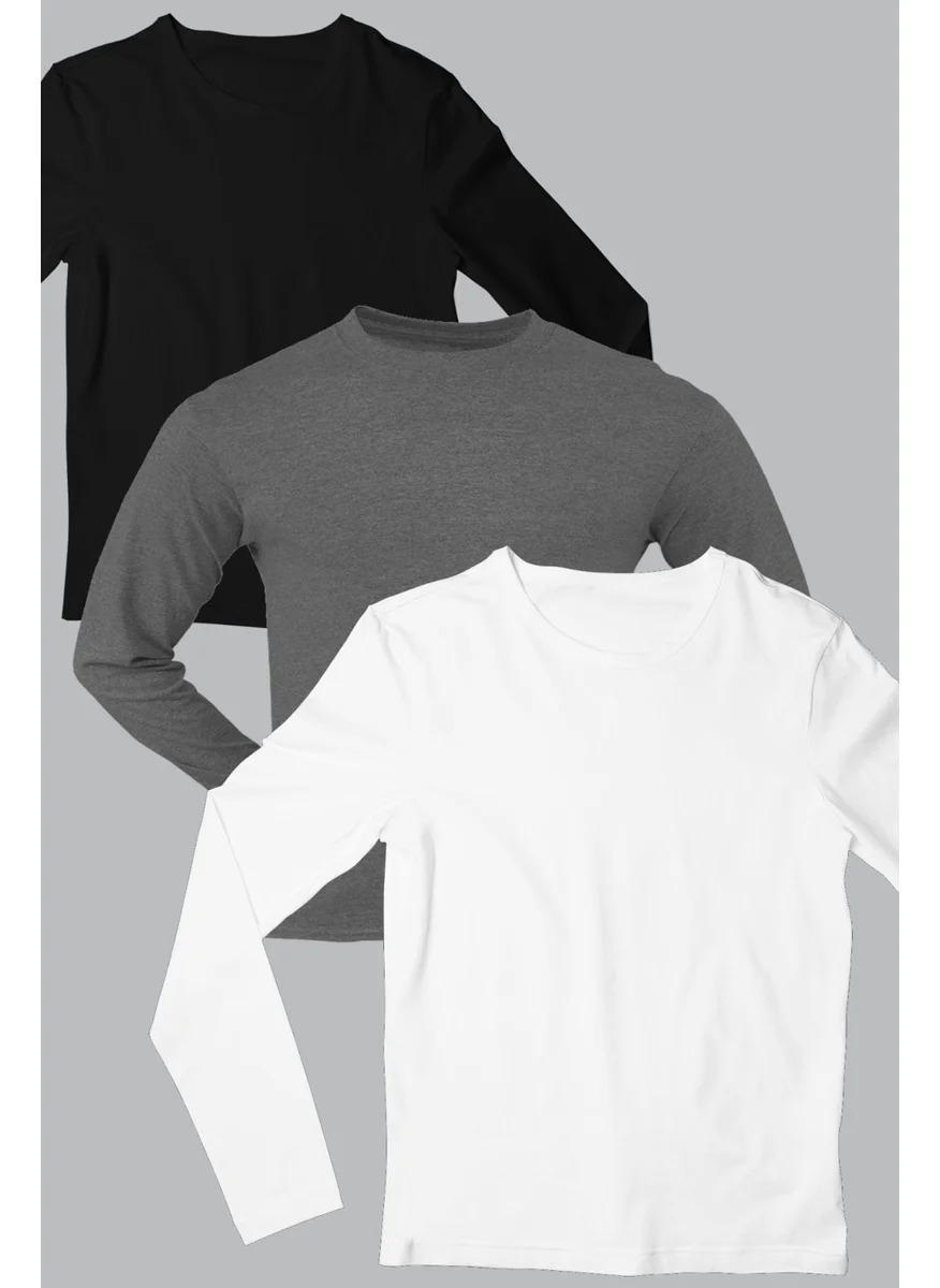 Rock&Roll Plain Black, Anthracite, White Long Sleeve Men's T-Shirt 3-Piece Eco Pack