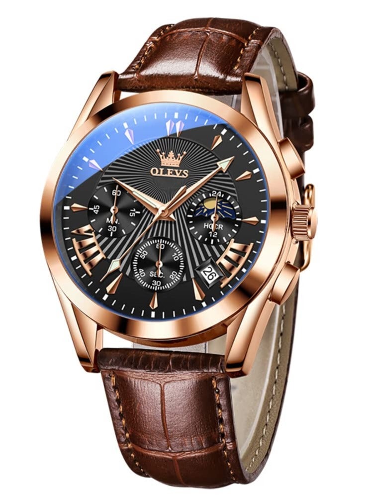 أوليفز ساعة OLEVS للرجال كاجوال من الجلد، ساعة كرونوغراف ذات وجه كبير للرجال، ساعة رسمية أنيقة سهلة القراءة، ساعة تناظرية مقاومة للماء وتاريخ مضيء للرجال من OLEVS - Image 1