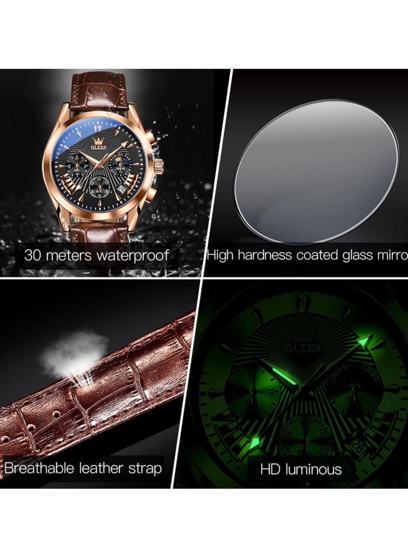أوليفز ساعة OLEVS للرجال كاجوال من الجلد، ساعة كرونوغراف ذات وجه كبير للرجال، ساعة رسمية أنيقة سهلة القراءة، ساعة تناظرية مقاومة للماء وتاريخ مضيء للرجال من OLEVS - Image 3