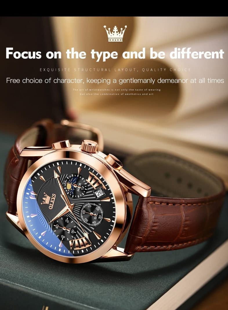 أوليفز ساعة OLEVS للرجال كاجوال من الجلد، ساعة كرونوغراف ذات وجه كبير للرجال، ساعة رسمية أنيقة سهلة القراءة، ساعة تناظرية مقاومة للماء وتاريخ مضيء للرجال من OLEVS - Image 4