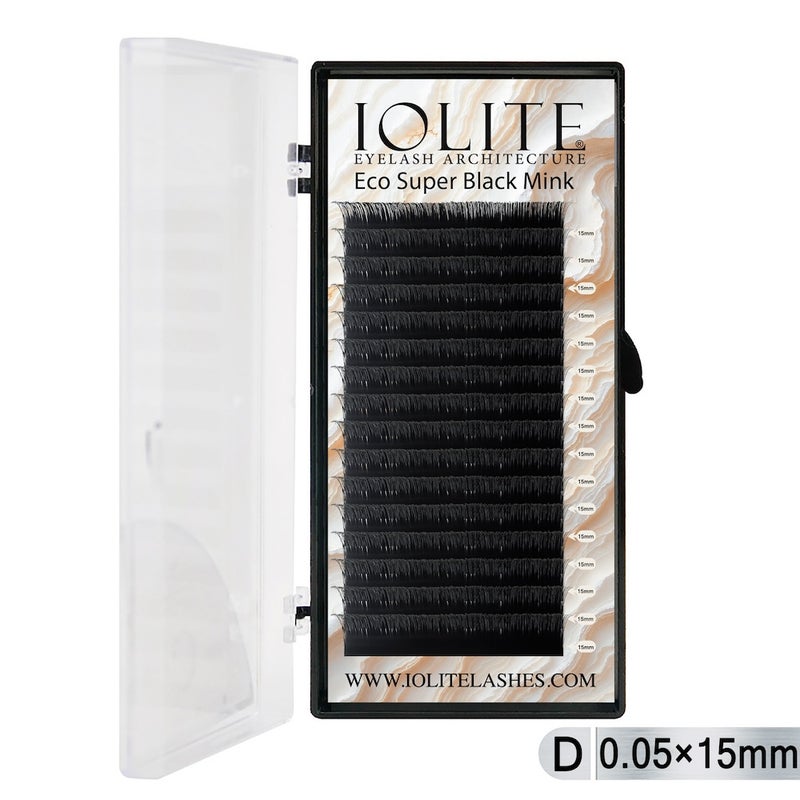 Iolite Super Black Mink Lash Extension – D Curl 0.5T Mix (6mm–15mm) | Premium Black Mink Eyelash Extension Tray for Lash Artists ISBMD5T - 15MM