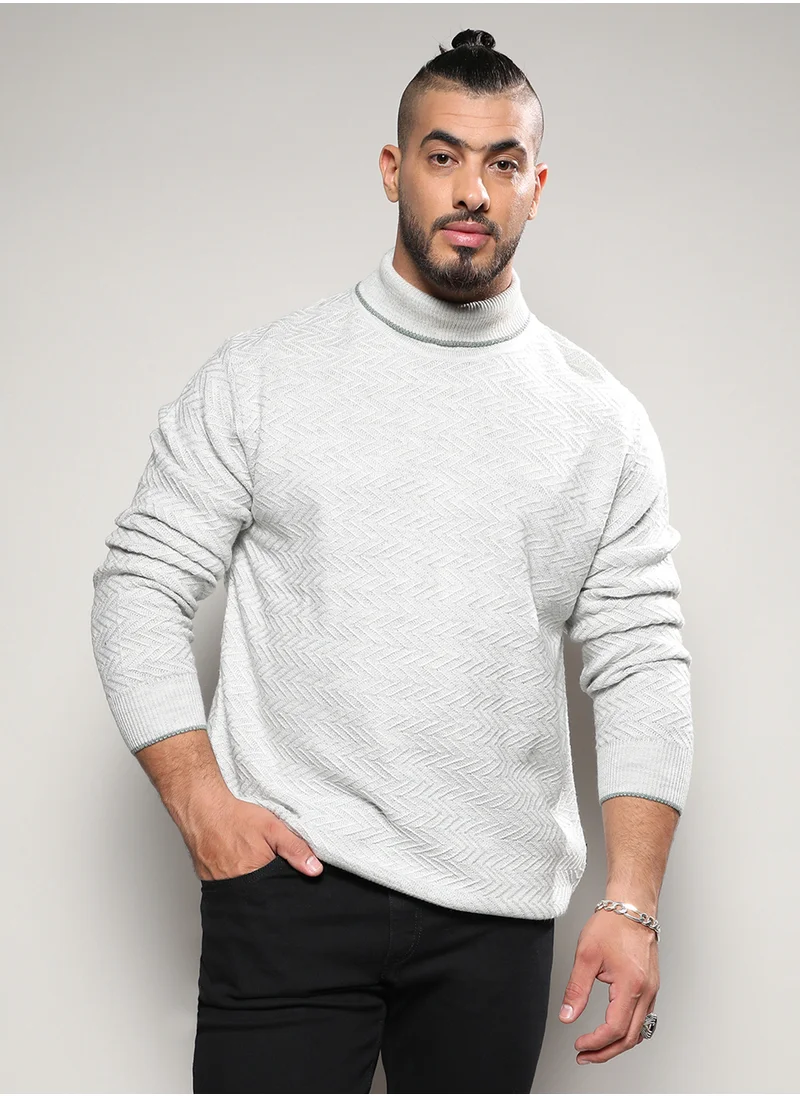 انستافاب بلس Instafab Plus Men's Beige Herringbone Knitted Pullover Sweater For Casual Wear | Turtle Neck | Long Sleeve | Pull On Closure | Woll sweater Crafted With Comfort Fit For Everyday Wear