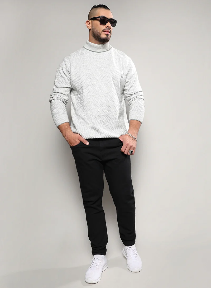 Instafab Plus Instafab Plus Men's Beige Herringbone Knitted Pullover Sweater For Casual Wear | Turtle Neck | Long Sleeve | Pull On Closure | Woll sweater Crafted With Comfort Fit For Everyday Wear