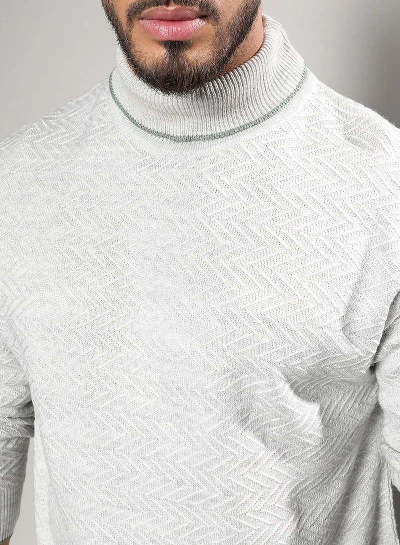 Instafab Plus Men's Beige Herringbone Knitted Pullover Sweater For Casual Wear | Turtle Neck | Long Sleeve | Pull On Closure | Woll sweater Crafted With Comfort Fit For Everyday Wear