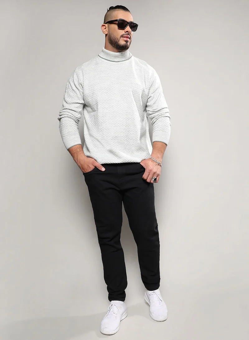 Instafab Plus Men's Beige Herringbone Knitted Pullover Sweater For Casual Wear | Turtle Neck | Long Sleeve | Pull On Closure | Woll sweater Crafted With Comfort Fit For Everyday Wear