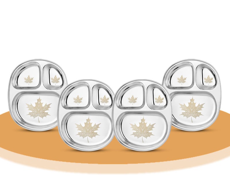 KITCHEN CLUE Stainless Steel Dinner Set Plates With Permanent Laser Design MAPLE Combo Set Of 4 Pcs, 25cm Dia - 304 18/8 Grade Steel Dinnerware Lunch/Dinner Plates/3 In1 Compartment Plates - Image 1