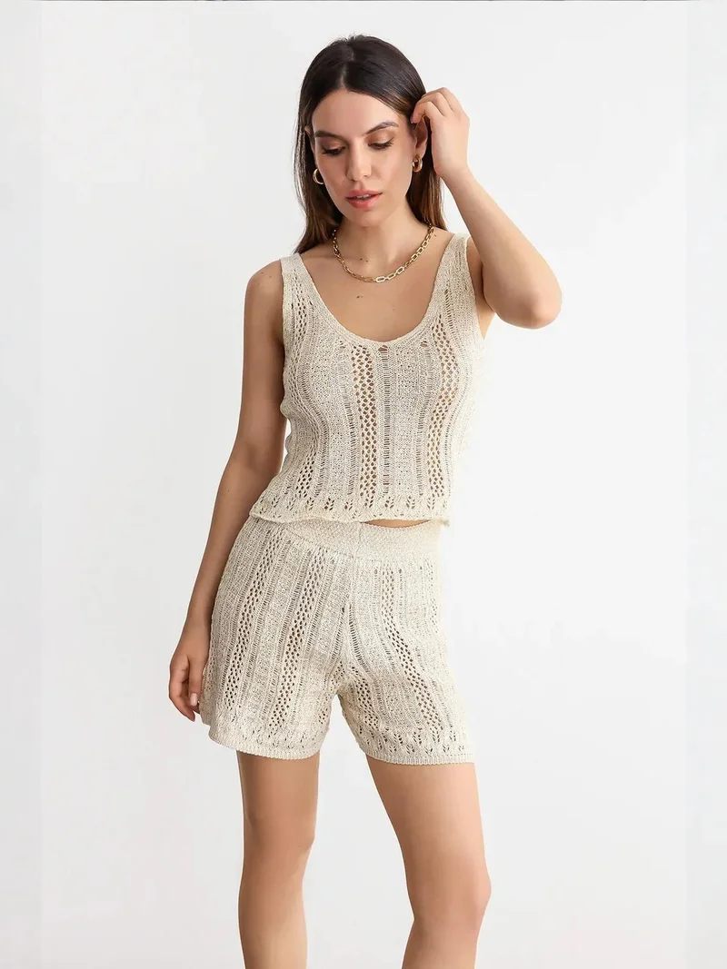 Knitted Crochet Sleeveless Co-ords with Scoop Neck and V-Back