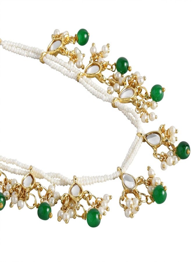 Peora Gold Plated Green Kundan Pearl Dangle Earring with Chain Indian Traditional Jewellery for Women - Image 3