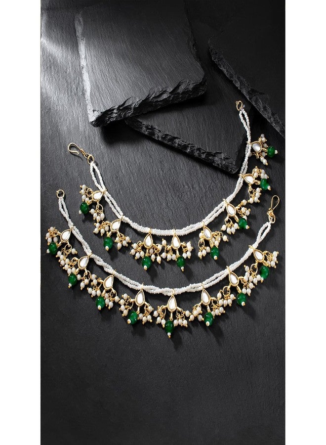Peora Gold Plated Green Kundan Pearl Dangle Earring with Chain Indian Traditional Jewellery for Women - Image 2