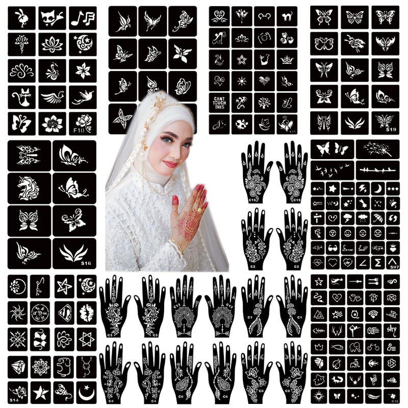 ChurlChurl Henna Tattoo Stencil Kit 190pcs 24 Sheets Henna Stencils Reusable Temporary Indian Arabian Glitter Airbrush Tattoo Stencils for Face Body Paint DIY