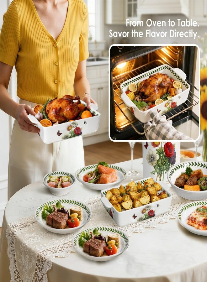 ACMLIFE Ceramic Casserole Dish for Oven, Ceramic Baking Dish Set with Roasting Racks, Floral Baking Dishes for Oven Lasagna Pan, Large Baking Dish with Handles, Durable and Oven Safe Pan, Gift Packaging 4 Pcs Set(13"x8"+10.3"x6.3") (Beauty Roasting Rack) - Image 2