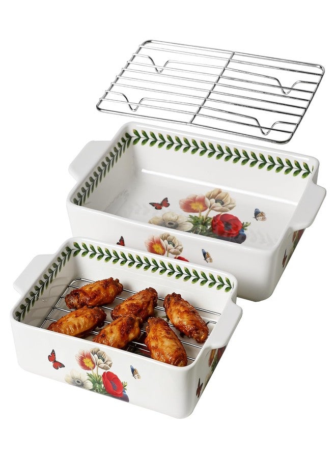 ACMLIFE Ceramic Casserole Dish for Oven, Ceramic Baking Dish Set with Roasting Racks, Floral Baking Dishes for Oven Lasagna Pan, Large Baking Dish with Handles, Durable and Oven Safe Pan, Gift Packaging 4 Pcs Set(13"x8"+10.3"x6.3") (Beauty Roasting Rack) - Image 1