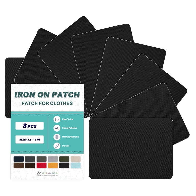 KING MOUNTAIN Iron on Patches for Clothes, 8 Pieces Patches for Cloth, 100% Cotton Fabric Patches for Clothing, Bag, Hat Repair, Clothing Repair Decorating Kit 3.7" by 4.9" (9.5 cm x 12.5 cm, Black) - Image 1