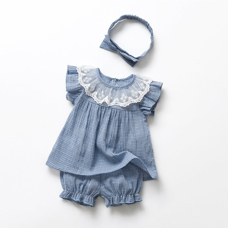 Girls Summer Set Sleeveless Princess Outfit Small blue plaid two-piece X23338 