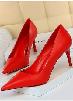 BIGTREE Women's Comfortable Stiletto Pumps 7.5cm Elegant Gorgeous Closed Pointed Toe Slip On Solid High Heels Red 