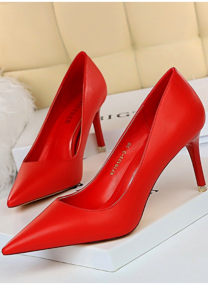 BIGTREE Women's Comfortable Stiletto Pumps 7.5cm Elegant Gorgeous Closed Pointed Toe Slip On Solid High Heels Red 