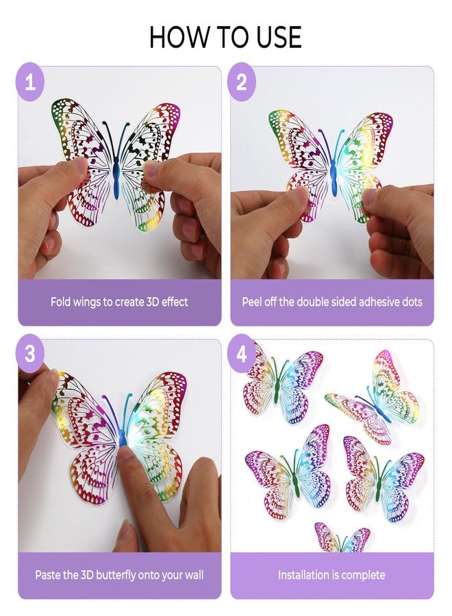 DAGOU 3D Rainbow Transparent Laser Butterfly Stickers,Aesthetic Room Decor for Wall & Birthday & Party Decorations (Colourful) - Image 3