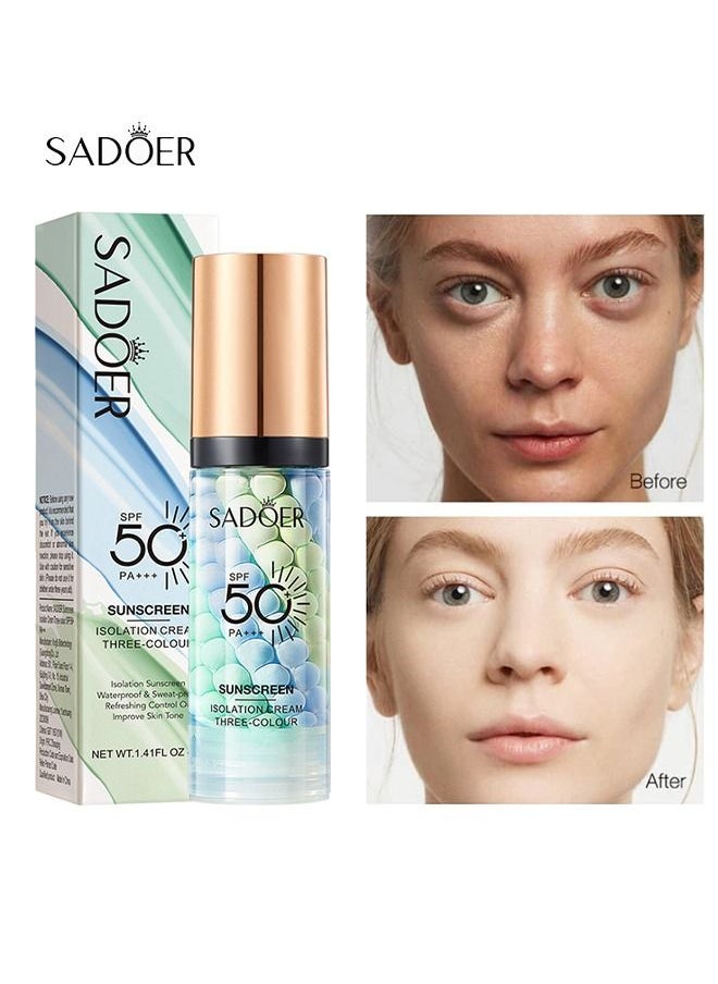 SADOER - Isolation Cream Invisible Pore, Sunscreen lotion SPF50, Makeup Primer for Mature Skin, Three Color Contour Isolation Cream, Color Corrector, Cover Acne Marks, Oil Control Moisturizing 40g - Image 1