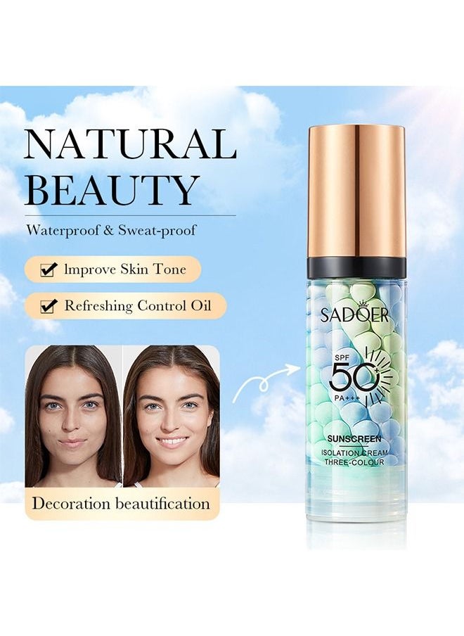 SADOER - Isolation Cream Invisible Pore, Sunscreen lotion SPF50, Makeup Primer for Mature Skin, Three Color Contour Isolation Cream, Color Corrector, Cover Acne Marks, Oil Control Moisturizing 40g - Image 1