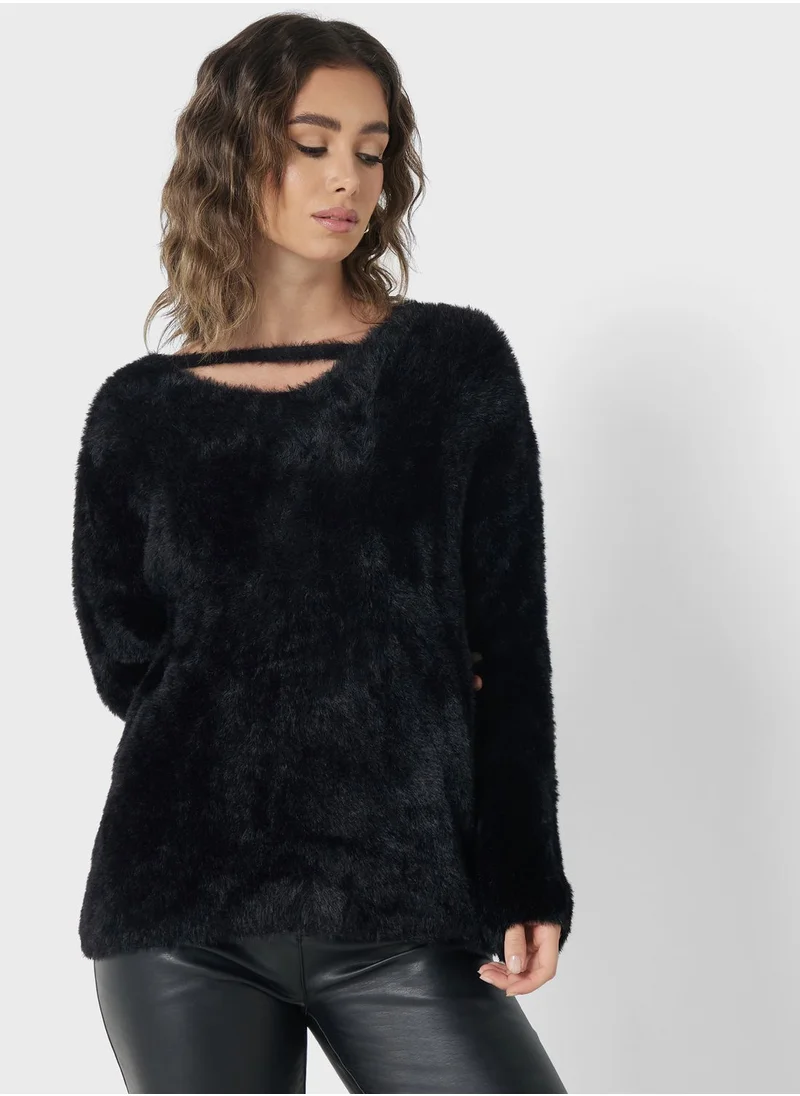 Ginger V-Neck Cutout Fluffy Sweater