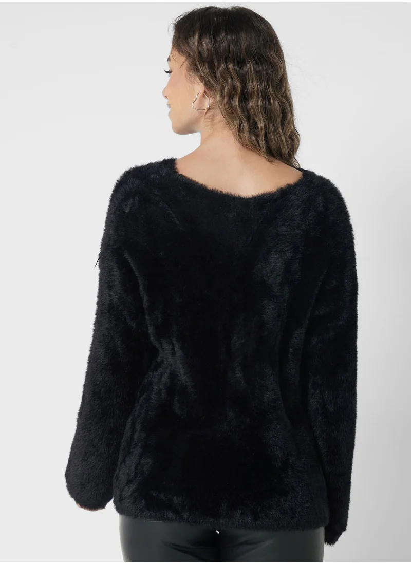 Ginger V-Neck Cutout Fluffy Sweater