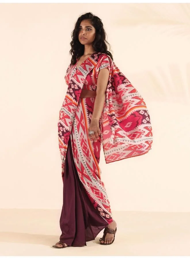 ترو برونز trueBrowns Maroon Muslin Ikat Saree