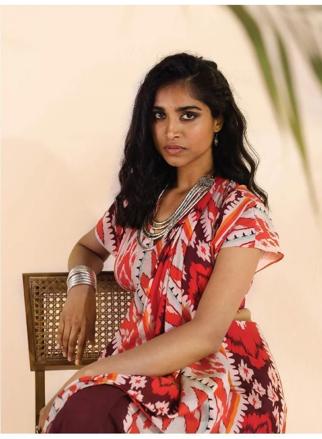 trueBrowns  trueBrowns Maroon Muslin Ikat Saree  | Best Price UAE