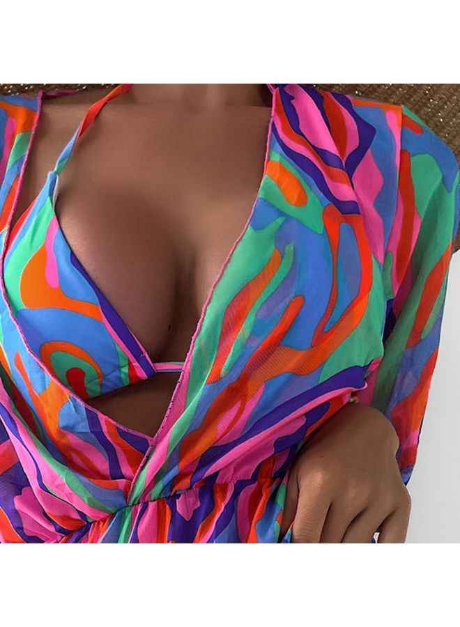 Generic Bikini European And American Multi-color Printing Three-piece Swimsuit Women's Mesh Blouse Split Bikini-Color:As Shown In The Figure-Size:L - Image 4