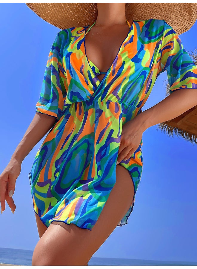 Generic Bikini European And American Multi-color Printing Three-piece Swimsuit Women's Mesh Blouse Split Bikini-Color:As Shown In The Figure-Size:L - Image 1