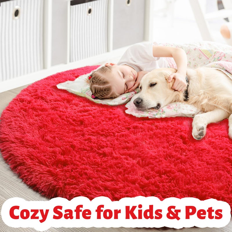 Amdrebio Red Round Rug for Bedroom,Fluffy Circle Rug 4'X4' for Kids Room,Furry Carpet for Teen Girls Room,Shaggy Circular Rug for Nursery Room,Fuzzy Plush Rug for Dorm,Red Carpet,Cute Room Decor for Baby - Image 2