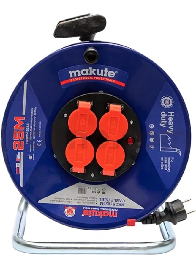 Makute 25m Heavy Duty Extension Cable Reel with 4 Power Sockets, Industrial Cord Reel with Galvanized Steel Base, Durable Electric Power Line for Workshop Use – MKCR1025M - Image 1