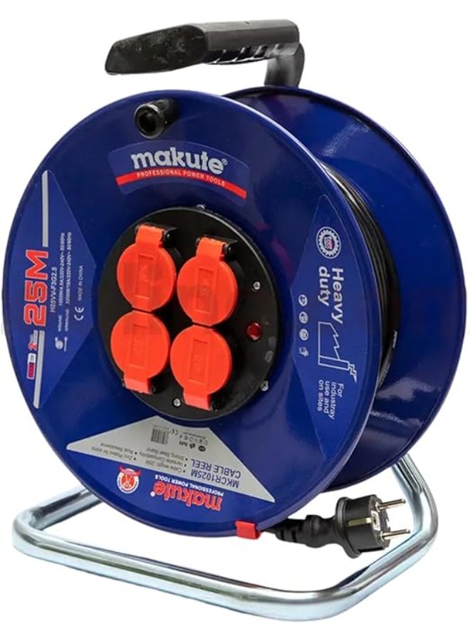 Makute 25m Heavy Duty Extension Cable Reel with 4 Power Sockets, Industrial Cord Reel with Galvanized Steel Base, Durable Electric Power Line for Workshop Use – MKCR1025M - Image 2