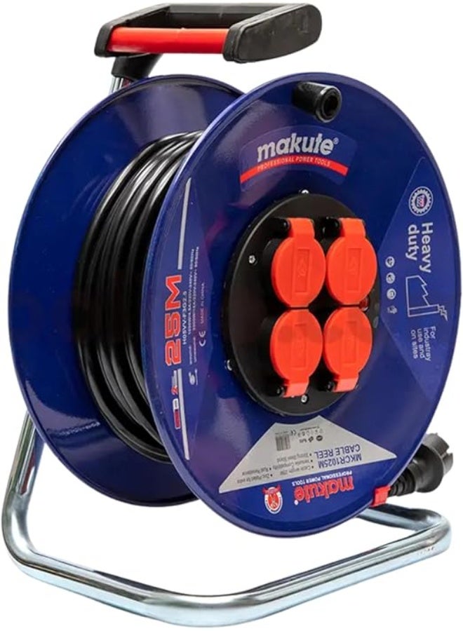 Makute 25m Heavy Duty Extension Cable Reel with 4 Power Sockets, Industrial Cord Reel with Galvanized Steel Base, Durable Electric Power Line for Workshop Use – MKCR1025M - Image 4