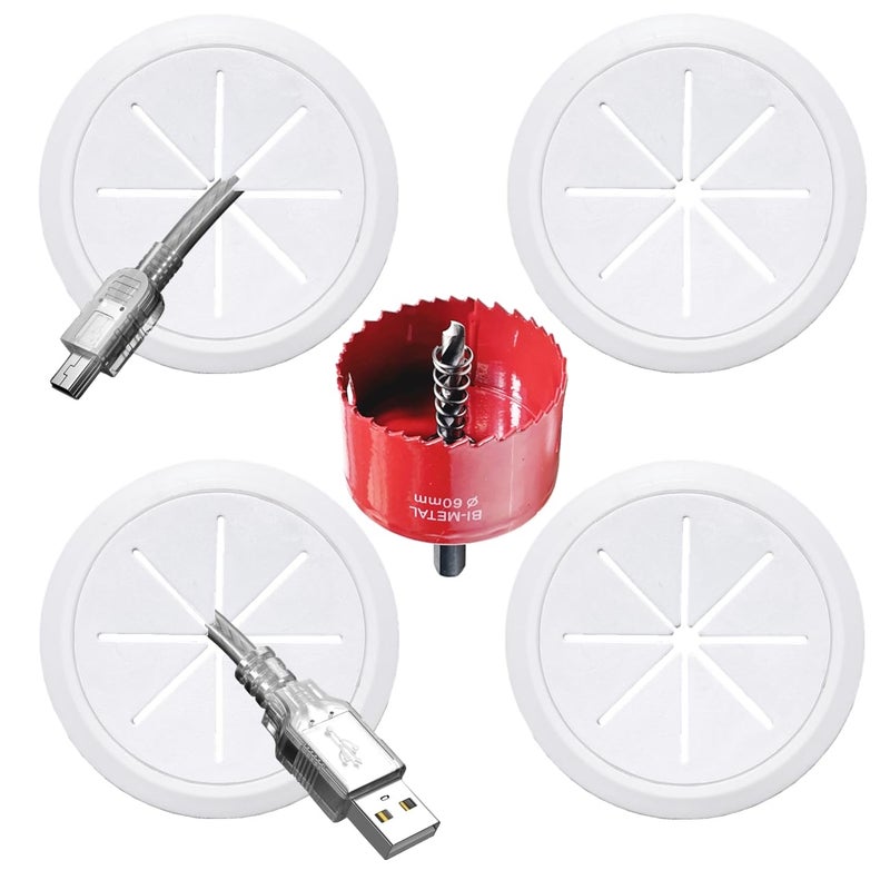 BGHEOUYV 4 Pack TV Cord Hider for Wall Mounted TV, 2-3/8"(60mm Hole) Wire Hider in Wall Cable Management Kit, Includes 4 Pass Throughs and 1 Hole Saw Drill Attachment Easy to Install - Image 1