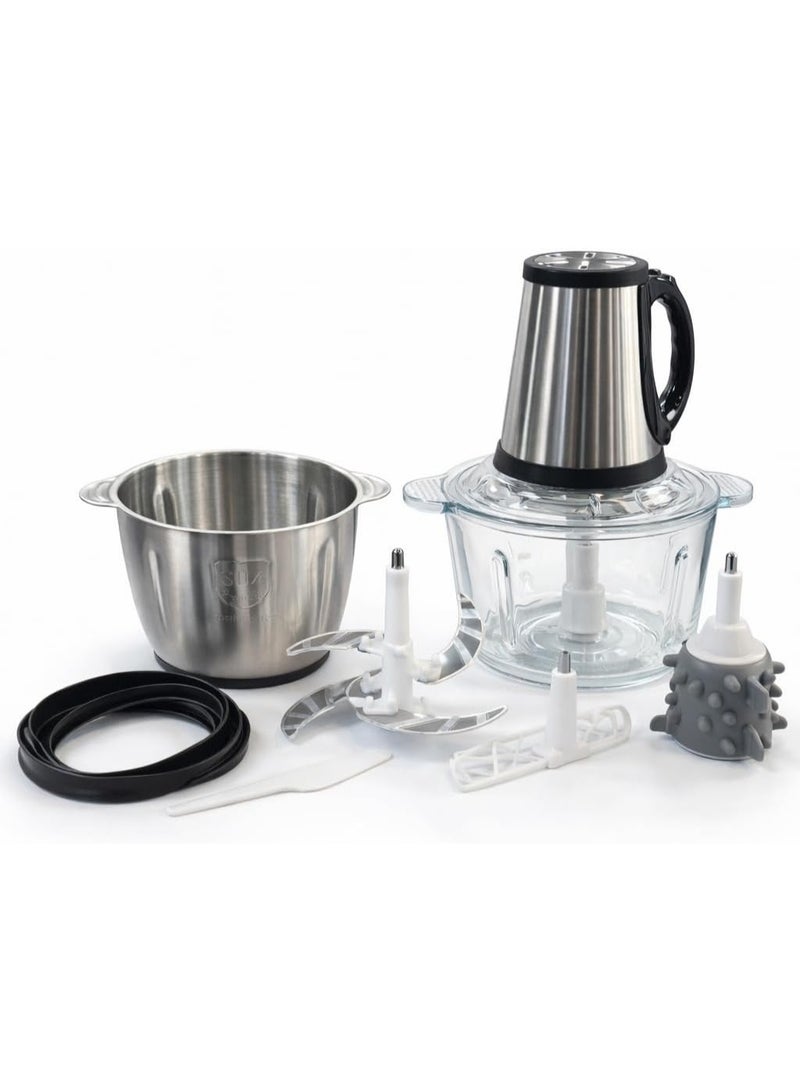 6-in-1 Multifunction Electric Chopper, Stainless Steel, Glass and Stainless Steel Bowl, Sharp Blades, Whisk and Juicer Attachment, Suitable for Meat, Vegetables, Onion, and Garlic - Image 1