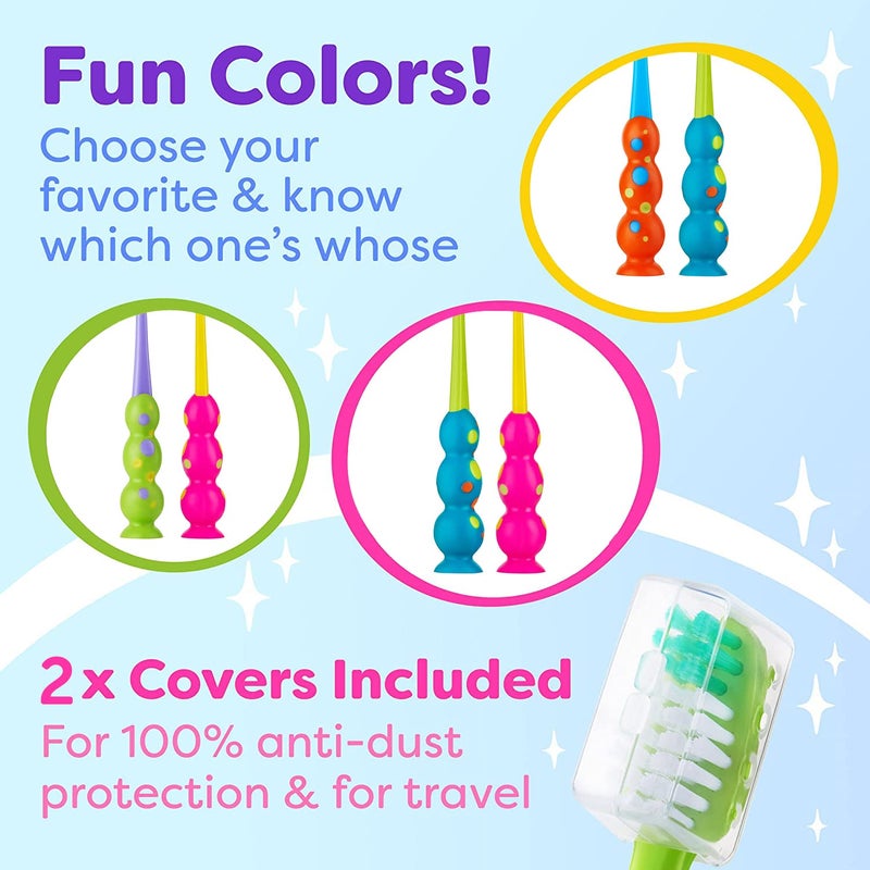 Trueocity Kids Toothbrush 2 Pack - Soft Contoured Bristles - Child Sized Brush Heads (3-10 Year Old) - Suction Cup for Fun & Easy Storage - Girl & Boy Set (2-Pack, Multi-Color) - Image 2