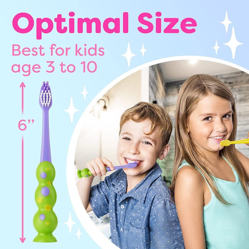 Trueocity Kids Toothbrush 2 Pack - Soft Contoured Bristles - Child Sized Brush Heads (3-10 Year Old) - Suction Cup for Fun & Easy Storage - Girl & Boy Set (2-Pack, Multi-Color) - Image 5