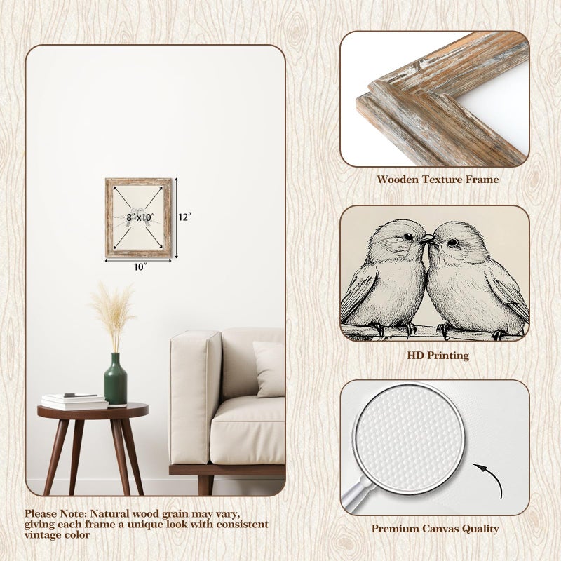 ASTRDECOR Framed Canvas Prints Wall Art 8x10, Vintage Bird Wall Art Print â€“ Minimalist Bird Sketch Drawing Art Pictures, Rustic Vintage Artwork with Distressed Faux Wood Frame - Image 2