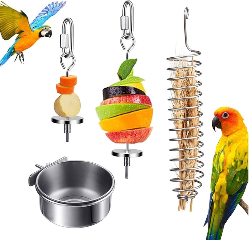 FantasyDay 4 Pcs Stainless Steel Parrot Treat Holder, Food Skewer, Bird Fruit and Vegetable Kebab, Meat Stick, Parrot Cage Feeder, Hanging Basket - Image 1
