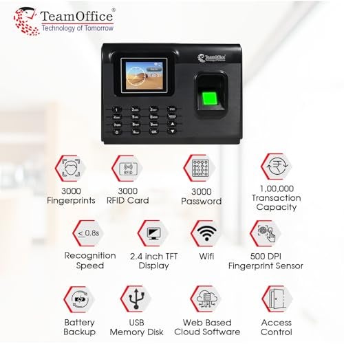 Team Office Z200BW Biometric Attendance Machine – Fingerprint & Card | Cloud Software | Wi-Fi Enabled | Built-in Battery Backup | Office Use (Black) - Image 5