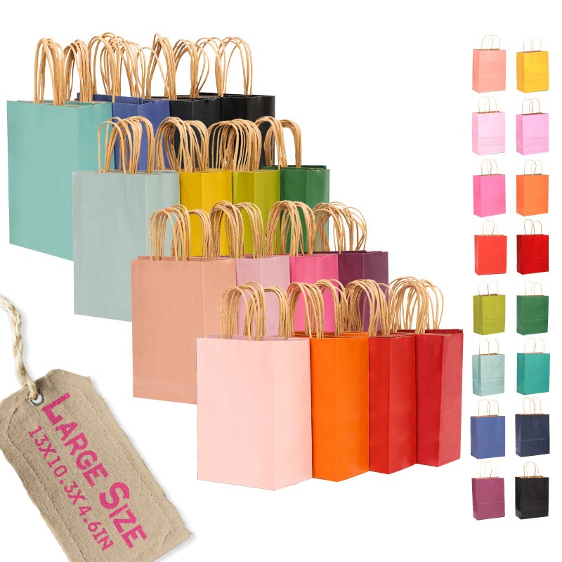 qiqee 100Pcs Large Size Paper Gift Bags with Handles -13"x10.3"x4.6" Kraft Small Party Bags - 16 Solid Colors - Image 1
