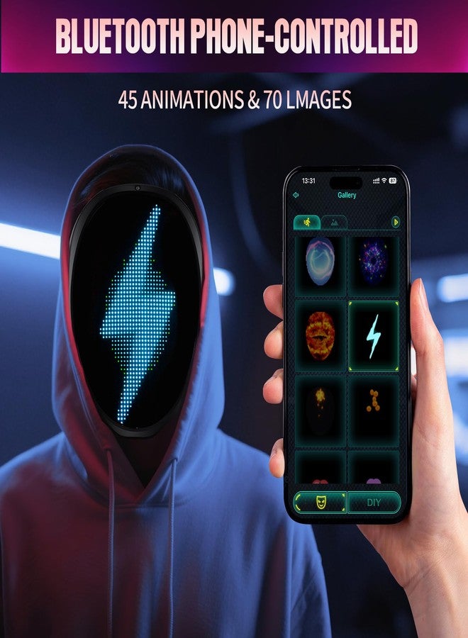 قناع GNFJJBD LED لتغيير شكل الوجه، قابل للتحكم عبر تطبيق - قناع هالوين LED قابل للبرمجة، قناع رقمي متوهج، لأزياء التنكر - Image 2