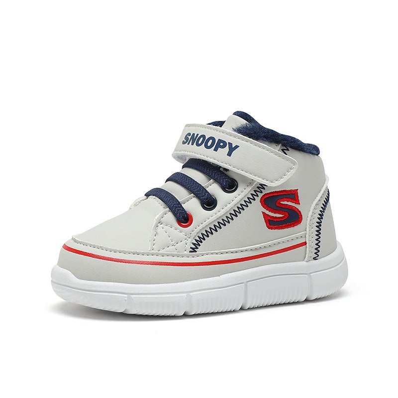 Children'S High-Top Board Shoes Color-Matching Color-Matching Outdoor Casual Shoes Middle-Top Single-Layer Shoes Fleece-Lined Two-Cotton Shoes Foot Protection - Image 1