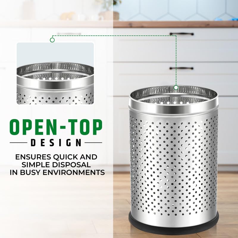 ROBUSTT Robustt Stainless Steel Perforated Design Open Top Dustbin - 6L | 7 Inch (W) x 10Inch (H)| Silver Trash Can with Anti-skid Base | For Bathroom, Bedroom, Kitchen & Toilet or Commericial Use - Pack of 1  - Image 4